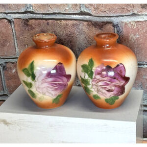 Set of 2 Antique 1900-1920's Fostoria Milk Glass Bulbous Vases Hand-Painted Rose